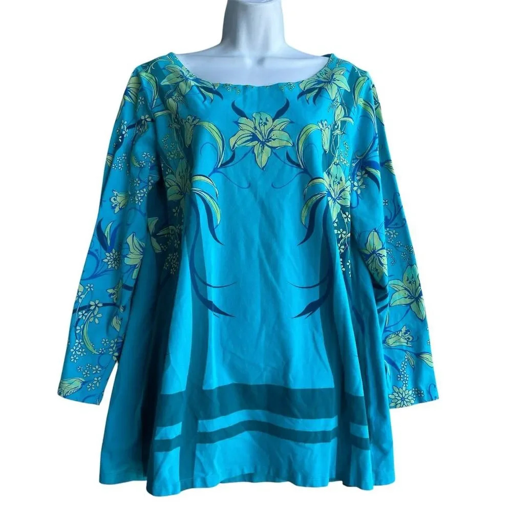 Women's Floral Tunic Top Blue Long Sleeve Round Neck Size XL Casual Blouse